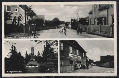 AK Kraupa, Kolonialwarenhandlung in der Dorfstrasse, Kriegerdenkmal