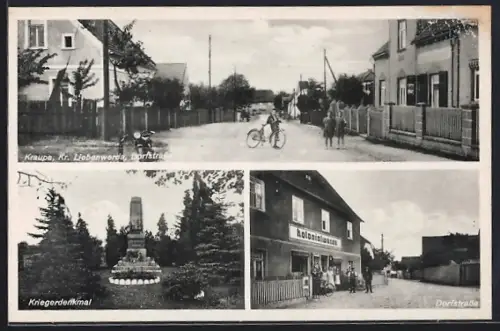 AK Kraupa, Kolonialwarenhandlung in der Dorfstrasse, Kriegerdenkmal