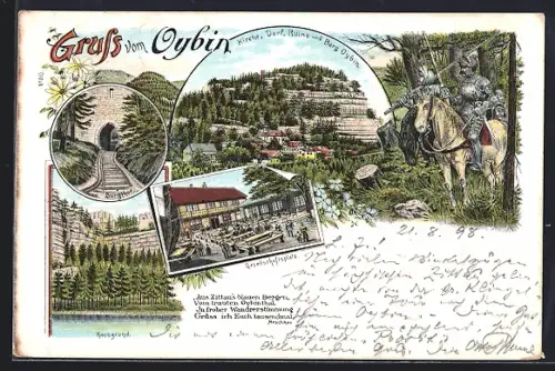 Lithographie Oybin, Ortsansicht, Burgthor, Gesellschaftsplatz, Hausgrund, Männer in Rüstung