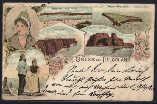 Lithographie Helgoland, Ortsansicht von der Düne, Gesamtansicht, Westküste, Nationaltanz