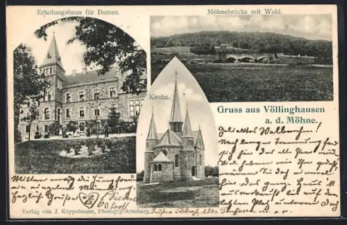 AK Völlinghausen a. d. Möhne, Erholungshaus für Damen, Mohnebrücke mit Wald