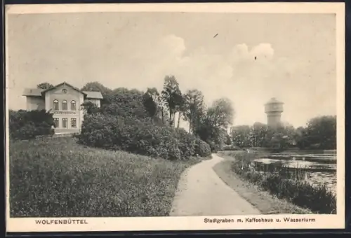 AK Wolfenbüttel, Stadtgraben m. Kaffeehaus u. Wasserturm