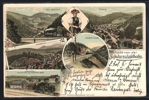Lithographie Triberg, Schwarzwaldbahn, Sommerau, Hornberg, Beim Bach-Jörg, Kaisertunnel, Tracht