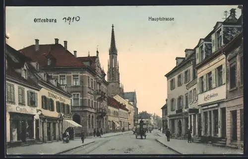 AK Offenburg, Hauptstrasse mit Cafe und Geschäften