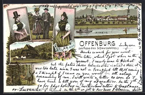 Lithographie Offenburg am Fusse des Schwarzwaldes, Schwarzwälder Bauernhaus, Hirsch mit Rehen, Kinzig