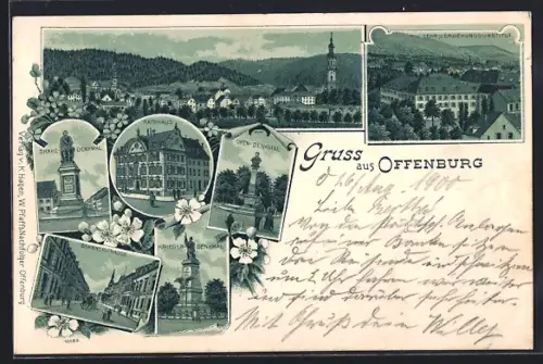 Lithographie Offenburg, Drake-Denkmal, Oken-Denkmal, Rathaus, Krieger-Denkmal