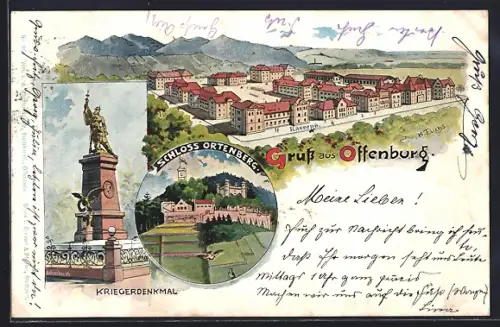 Lithographie Offenburg, Teilansicht der Kaserne, Schloss Ortenberg, Kriegerdenkmal