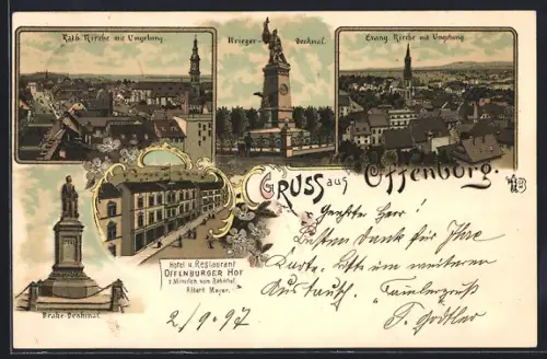Lithographie Offenburg, Hotel-Restaurant Offenburger Hof A. Mayer, Brake- und Kriegerdenkmal, Teilansichten