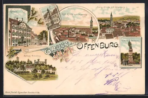 Lithographie Offenburg, Teilansichten mit Kirchen, Rathaus, Krieger-Denkmal, Stempel der Bahnpost