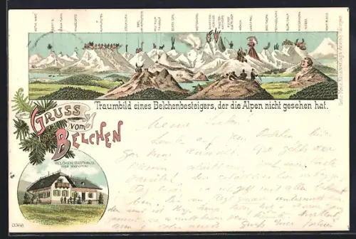 Lithographie Belchen, Gasthaus von Jos. Stiefvater, Blick zu den Alpen, Berggesichter