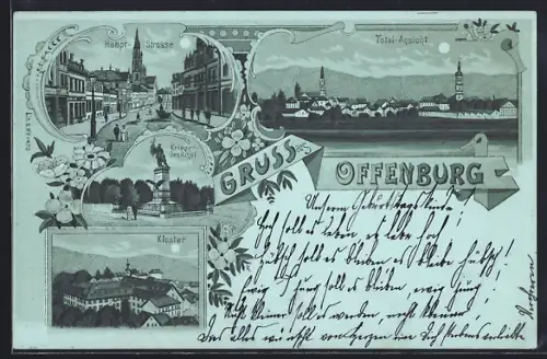 Mondschein-Lithographie Offenburg, Kloster, Haupt-Strasse, Krieger-Denkmal