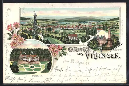 Lithographie Villingen / Baden, Das Waldhotel, das Kriegerdenkmal, Gesamtansicht mit Aussichtsturm