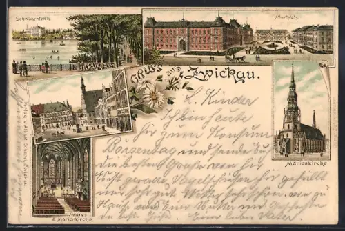 Lithographie Zwickau, Marienkirche, Innenansicht, Albertplatz