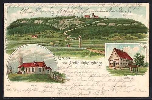 Lithographie Spaichingen, Dreifaltigkeitsberg mit Gasthaus und Kirche