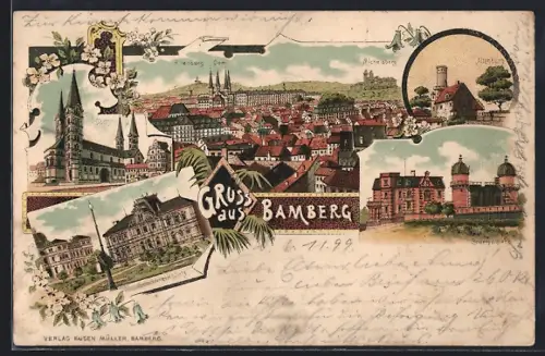 Lithographie Bamberg, Dom mit Ortsansicht, Schönleinplatz, Sternwarte
