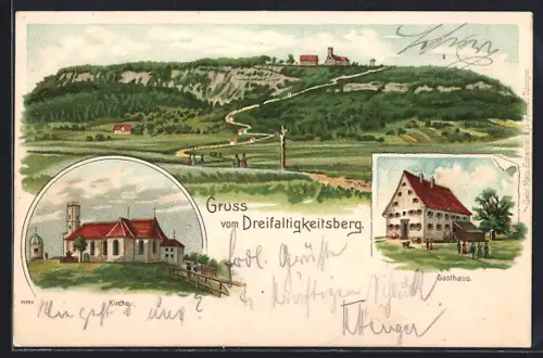 Lithographie Spaichingen, Dreifaltigkeitsberg mit Gasthaus und Kirche