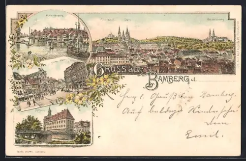 Lithographie Bamberg, Klein-Venedig, Grüner Markt, Rathaus, Altenburg, Dom, Michaelsberg