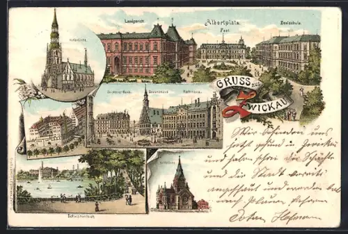 Lithographie Zwickau, Marienkirche, Moritzkirche, Landes-Strafanstalt, Gewandhaus, Rathaus, Albertplatz