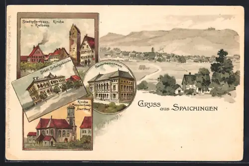 Lithographie Spaichingen, Gewerbemuseum, Städtisches Schulgebäude, Stadtpfarrhaus mit Kirche und Rathaus
