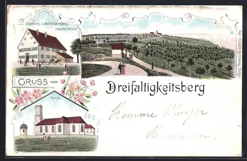 Lithographie Dreifaltigkeitsberg, Gasthaus zum Dreifaltigkeitsberg, Kirche, Panorama