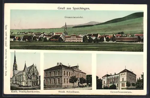 Goldfenster-AK Spaichingen, Gewerbemuseum, Katholische Stadtpfarrkirche & städtisches Schulhaus mit leuchtenden Fenstern