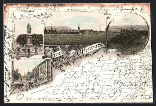Lithographie Offenburg, Drake-Denkmal, Untere Bahnhofstrasse, Schloss Ortenberg