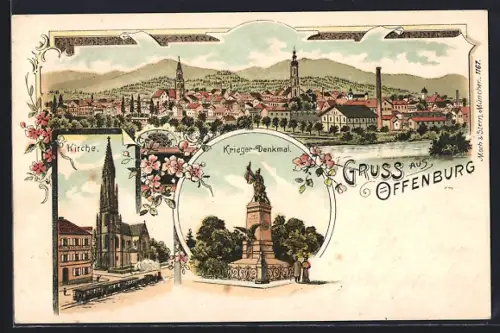 Lithographie Offenburg, Hotel Rheinischer Hof, Kirche, Kriegerdenkmal und Totalansicht