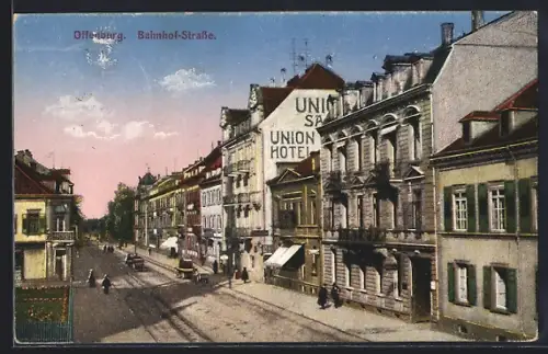 AK Offenburg, Bahnhofstrasse mit Union Hotel