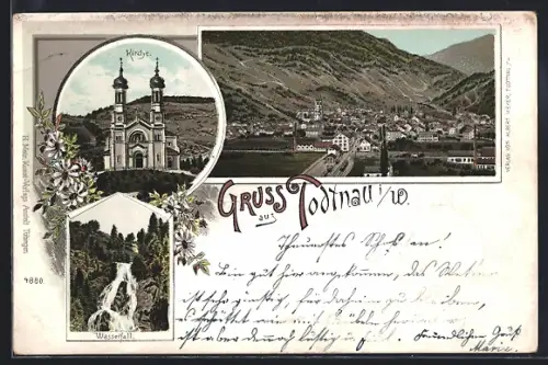 Lithographie Todtnau i. W., Gesamtansicht, Kirche und Wasserfall