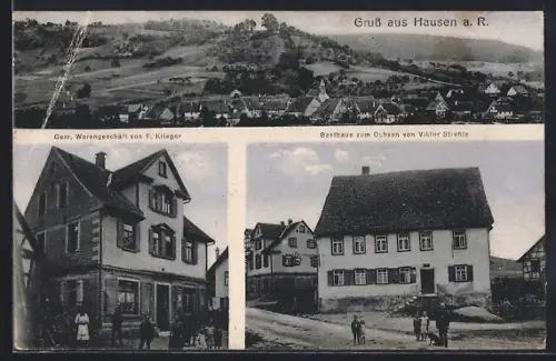 AK Hausen a. R., Gasthaus zum Ochsen, Gem. Warengeschäft von F. Krieger, Teilansicht