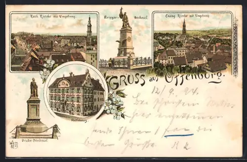 Vorläufer-Lithographie Offenburg, 1894, Rathaus, Katholische Kirche mit Umgebung, Drake-Denkmal
