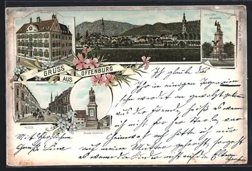 Lithographie Offenburg, Rathaus, Bahnhofstrasse, Drake-Denkmal