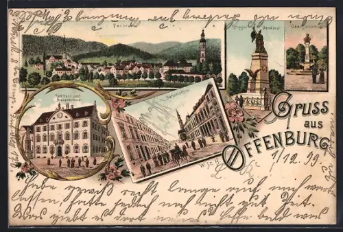 Lithographie Offenburg, Krieger-Denkmal, Rathaus und Drakedenkmal, Bahnhofstrasse