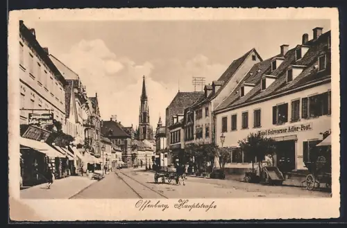 AK Offenburg, Hotel Schwarzer Adler-Post in der Hauptstrasse mit Geschäften