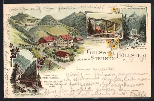 Lithographie Höllsteig, Gasthof Sternen von A. Faller, Ravenna-Viaduct