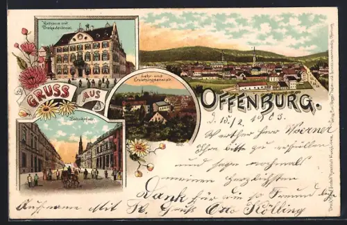 Lithographie Offenburg, Bahnhofstrasse, Rathaus mit Drakedenkmal