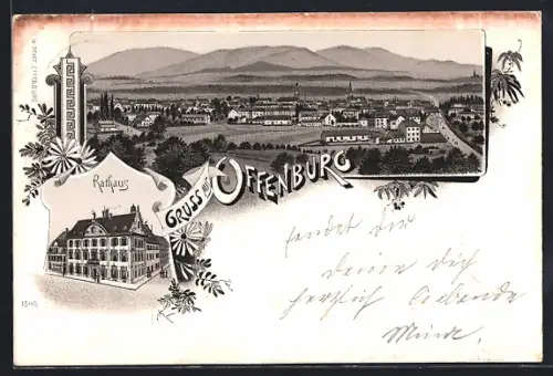 Lithographie Offenburg, Gesamtansicht, Rathaus