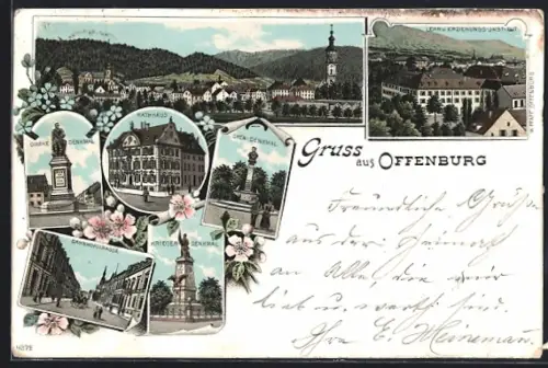 Lithographie Offenburg, Drake-Denkmal, Oken-Denkmal, Rathaus, Krieger-Denkmal