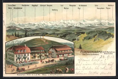 Lithographie Belchen, Gasthof Belchenhaus aus der Vogelschau, Alpenpanorama mit Rigi, Titlis und Pilatus