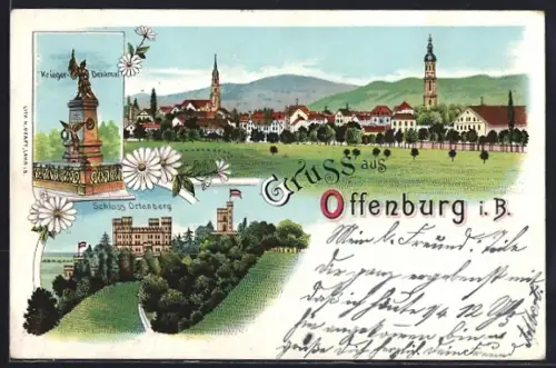 Lithographie Offenburg i. B., Schloss Ortenberg, Kriegerdenkmal und Ortsansicht