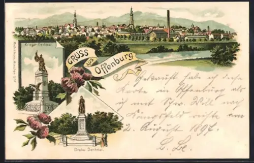 Lithographie Offenburg, Krieger-Denkmal, Drake-Denkmal, Panorama