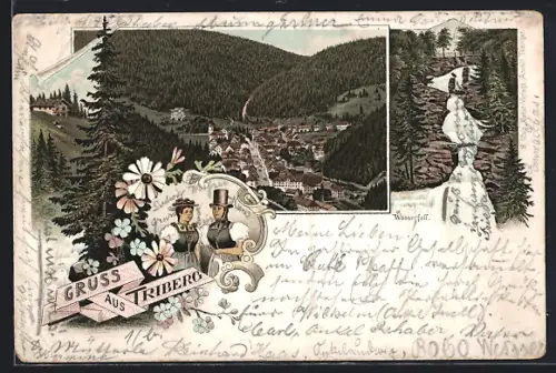 Vorläufer-Lithographie Triberg, 1895, Teilansicht mit Strassenpartie, Wasserfall, Zwei Frauen in Tracht
