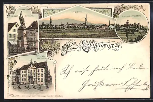 Lithographie Offenburg, Rathaus, Schloss Ortenberg, Krieger-Denkmal