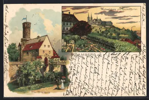 Lithographie Bamberg, Michaelsberg vom Residenzgarten, Altenburg
