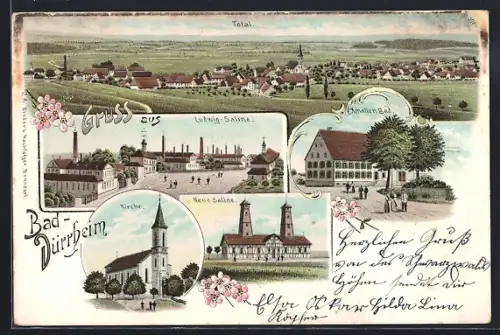 Lithographie Bad Dürrheim, Totalansicht, Ludwig-Saline, Amalien-Bad, Kirche