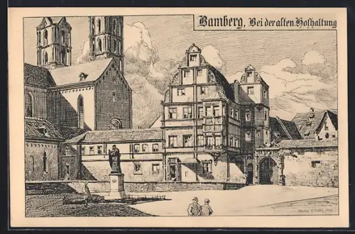 Künstler-AK Eugen Felle: Bamberg, Bei der alten Hofhaltung mit Kirche