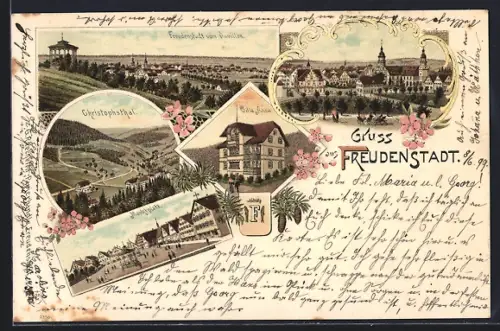 Lithographie Freudenstadt, Villa Anna, Marktplatz, Christophsthal