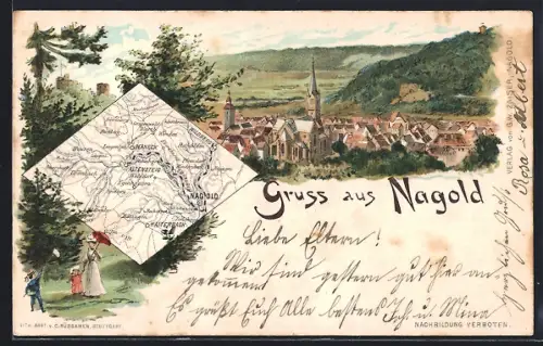 Lithographie Nagold, Teilansicht mit Kirche, Landkarte mit Altensteig, Berneck und Wildberg