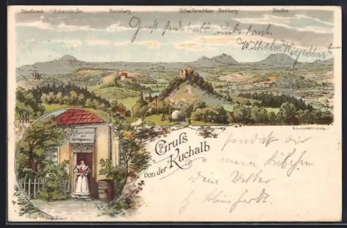 Lithographie Donzdorf, Gasthof Kuchalb, Inhaber Joh. Weigenblerst und Totalansicht