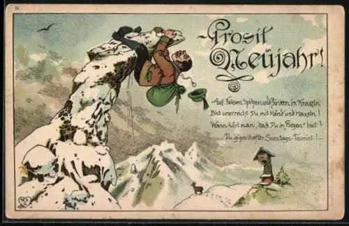 AK Bergsteiger hängt an einem Felsen, Neujahrsgruss